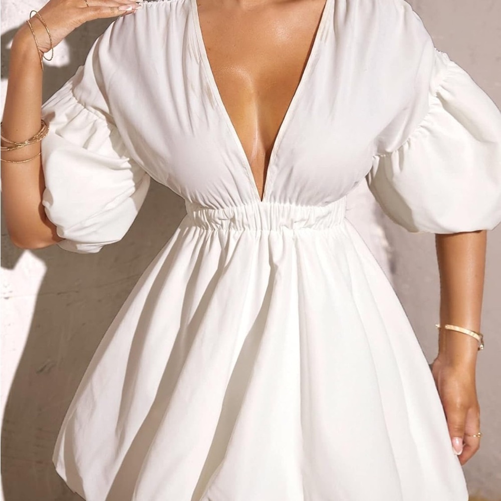 White Mini Bubble Dress with Puff Sleeves